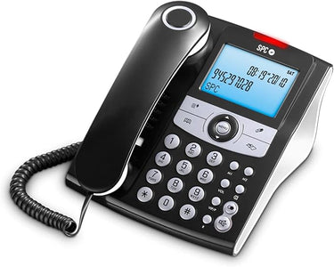 SPC Elegance ID – Teléfono Fijo sobremesa con Pantalla iluminada, 2 memorias directas, Agenda, identificador de Llamadas, Manos Libres y señal Luminosa de Llamadas perdidas - Negro
